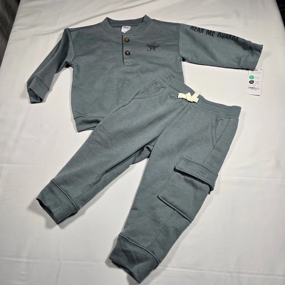 Carters Baby Boys 12M Dinosaur Henley Sweatshirt‎ Cargo Pants Set